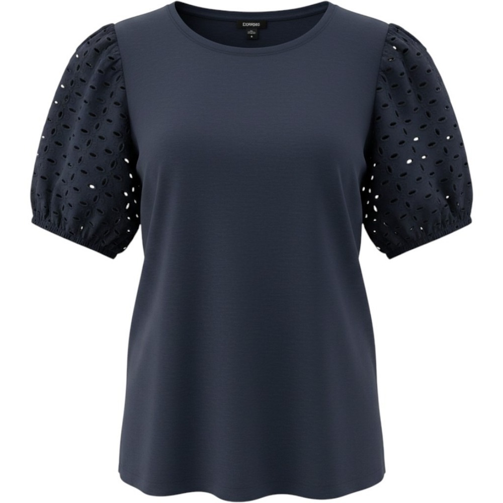 Express Womens Navy Blue Eyelet Puff Sleeve Fashion Spring‎ Top Crew Neck Small